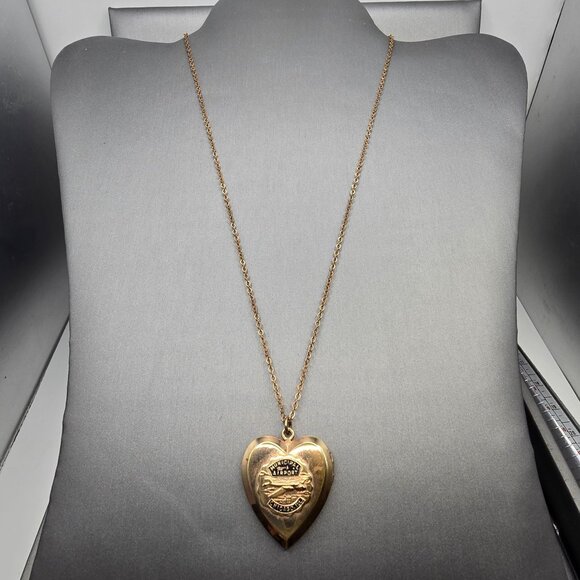 Vintage 1940s Chicago Municipal Airport Heart Locket Necklace Sweetheart Jewelry - Picture 2 of 9